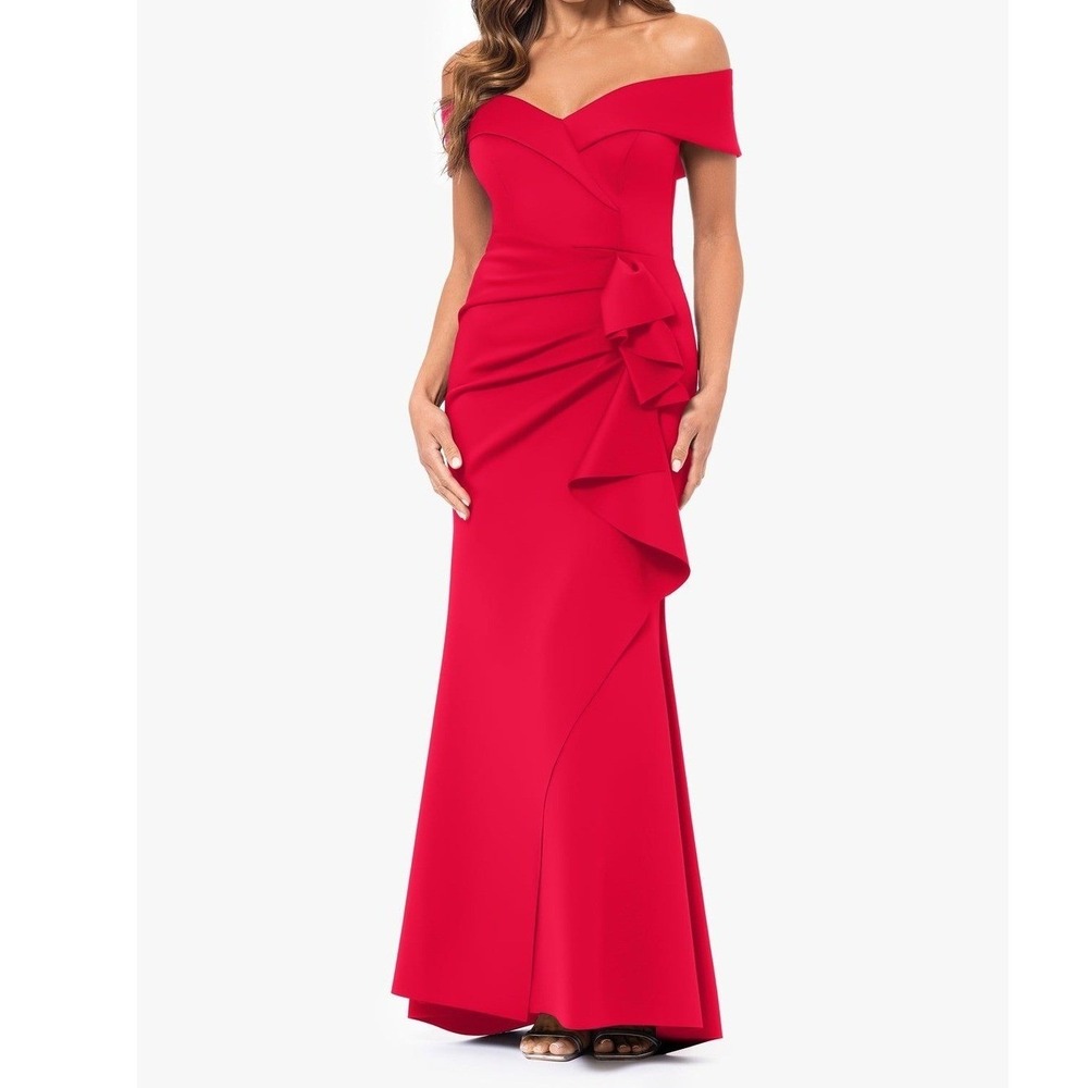 Xscape Patti Off Shoulder Gown Women 14 Red Ruffle Scuba Formal Evening Dress